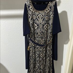 Sophisticated Blue and Cream Sheath Indian Dress with 3/4 Sleeves